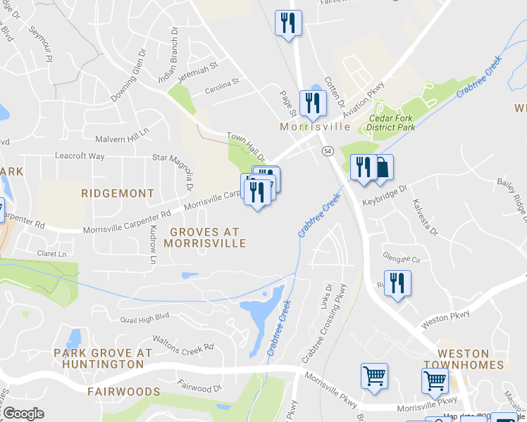 map of restaurants, bars, coffee shops, grocery stores, and more near 128 Morrisville Square Way in Morrisville
