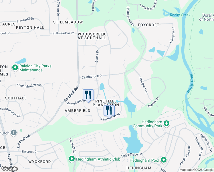 map of restaurants, bars, coffee shops, grocery stores, and more near 5300 Castlebrook Drive in Raleigh