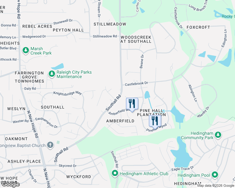 map of restaurants, bars, coffee shops, grocery stores, and more near 3112 Marbletree Court in Raleigh