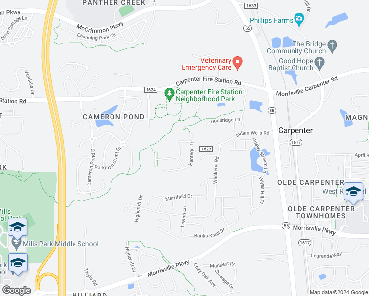 map of restaurants, bars, coffee shops, grocery stores, and more near 7020 Indian Wells Road in Cary