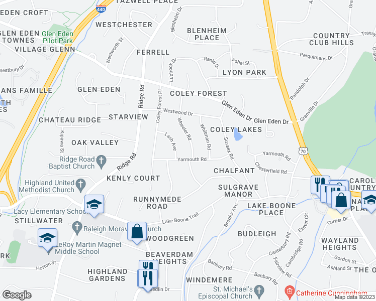 map of restaurants, bars, coffee shops, grocery stores, and more near 2207 Wheeler Road in Raleigh