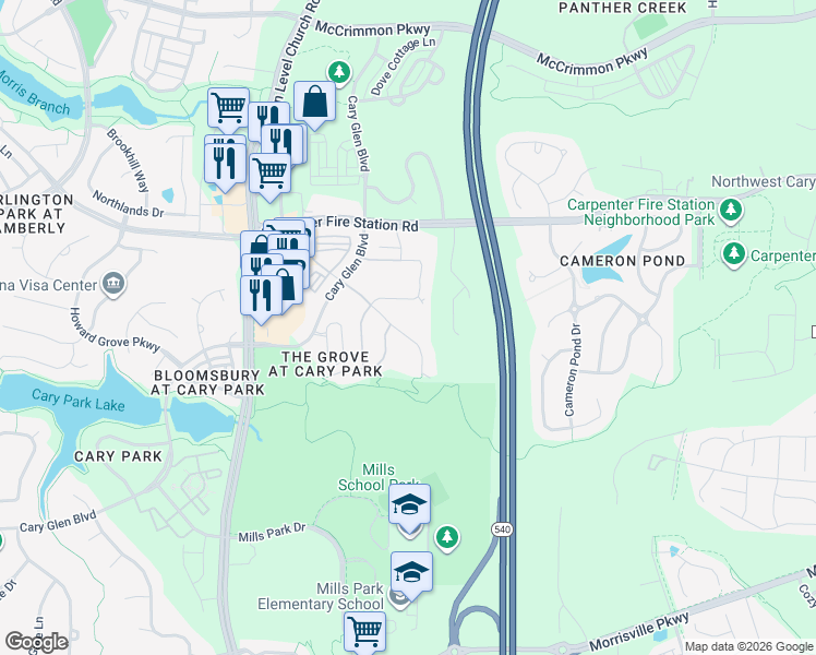 map of restaurants, bars, coffee shops, grocery stores, and more near 1602 Cary Reserve Drive in Cary