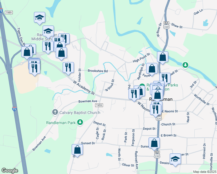 map of restaurants, bars, coffee shops, grocery stores, and more near 117 North Stout Street in Randleman