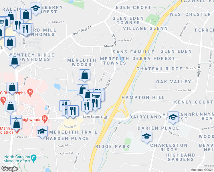 map of restaurants, bars, coffee shops, grocery stores, and more near Wycliff Road in Raleigh