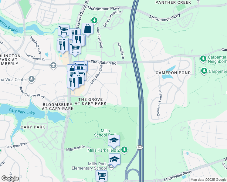 map of restaurants, bars, coffee shops, grocery stores, and more near 1602 Cary Reserve Drive in Cary