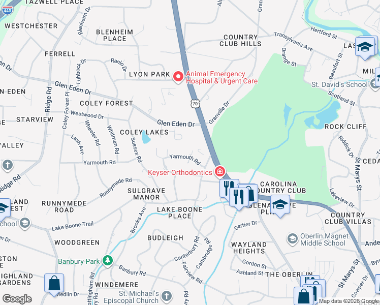 map of restaurants, bars, coffee shops, grocery stores, and more near 3304 Bellewood Forest Circle in Raleigh