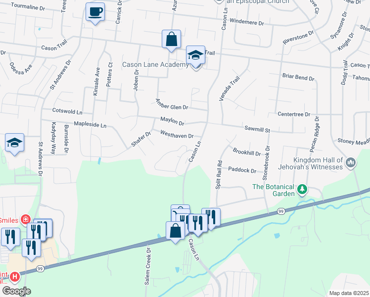 map of restaurants, bars, coffee shops, grocery stores, and more near 1650 Cason Lane in Murfreesboro