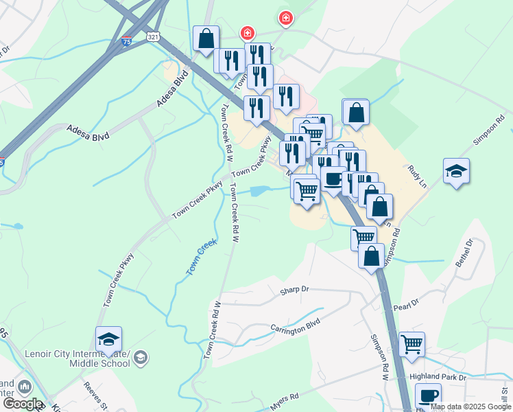 map of restaurants, bars, coffee shops, grocery stores, and more near 11 Old Town Creek Road West in Lenoir City