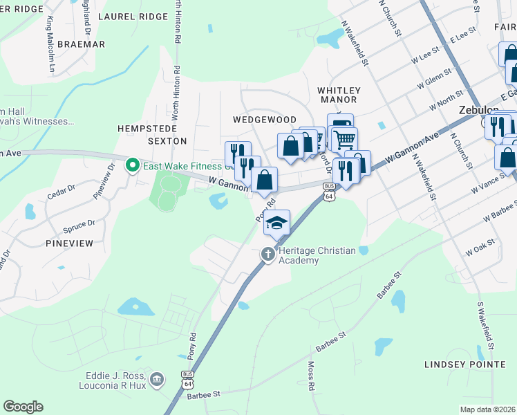 map of restaurants, bars, coffee shops, grocery stores, and more near 603 West Gannon Avenue in Zebulon