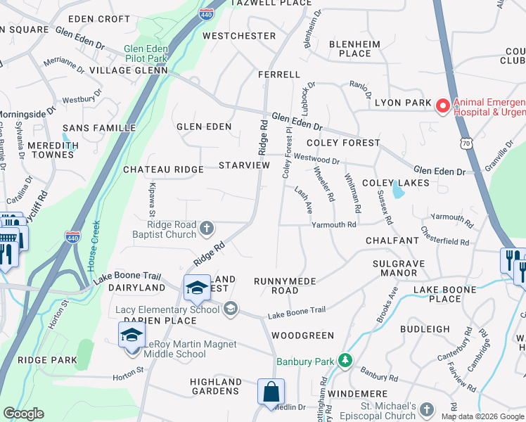 map of restaurants, bars, coffee shops, grocery stores, and more near 2119 Ridge Road in Raleigh