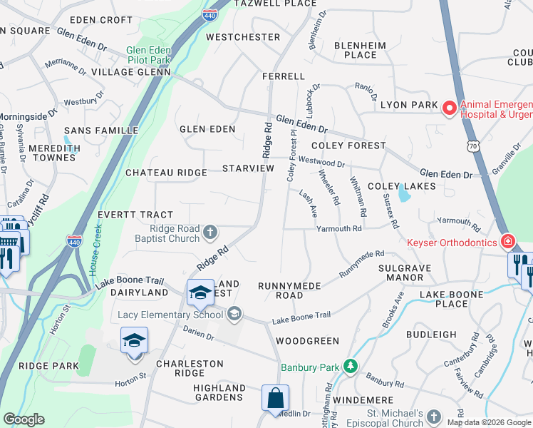 map of restaurants, bars, coffee shops, grocery stores, and more near 2119 Ridge Road in Raleigh