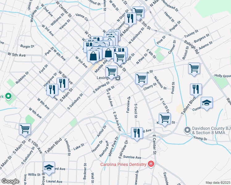 map of restaurants, bars, coffee shops, grocery stores, and more near 130 South Church Street in Lexington