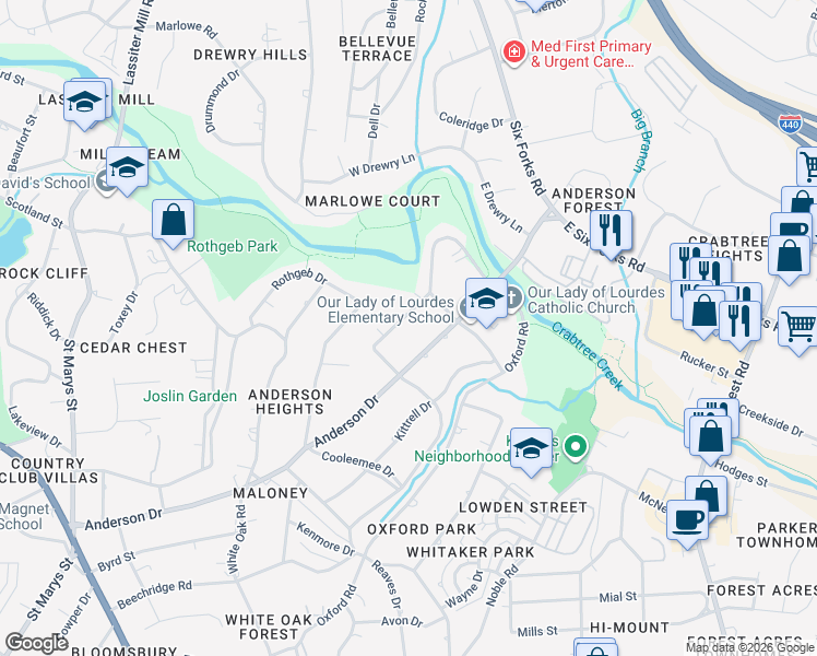 map of restaurants, bars, coffee shops, grocery stores, and more near 2832 Claremont Road in Raleigh