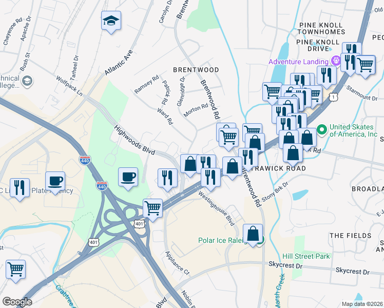 map of restaurants, bars, coffee shops, grocery stores, and more near 3101 Ward Road in Raleigh