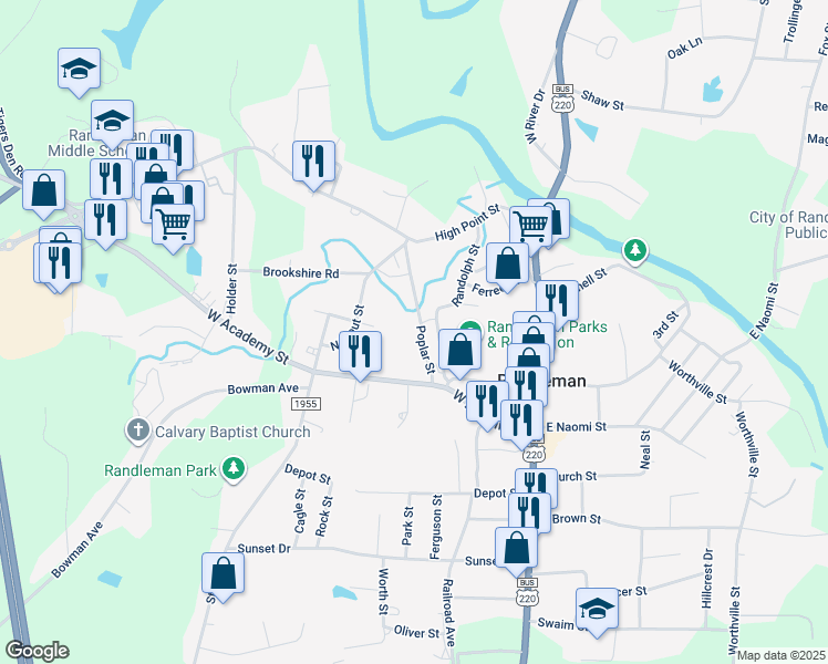 map of restaurants, bars, coffee shops, grocery stores, and more near 121 Poplar Street in Randleman