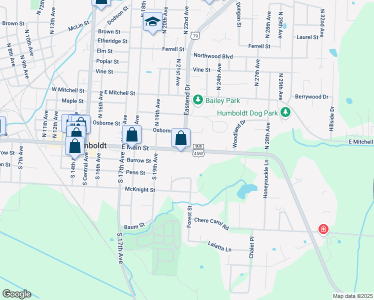 map of restaurants, bars, coffee shops, grocery stores, and more near 2227 East Main Street in Humboldt