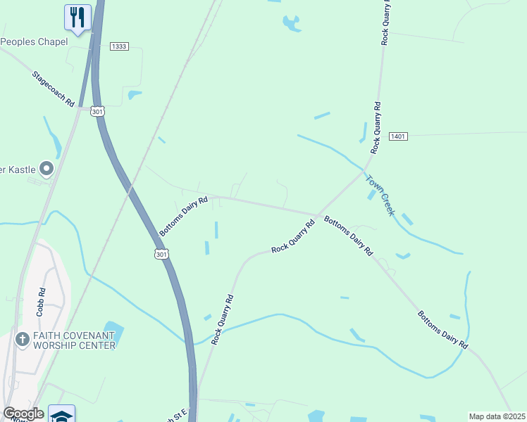 map of restaurants, bars, coffee shops, grocery stores, and more near 5832 Bottoms Dairy Road in Elm City