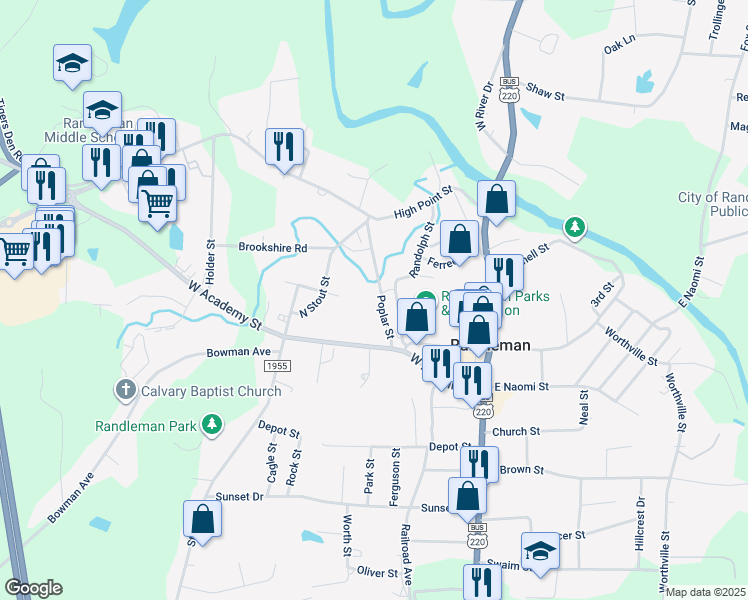 map of restaurants, bars, coffee shops, grocery stores, and more near 121 Poplar Street in Randleman
