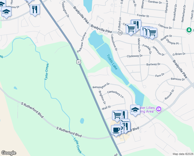 map of restaurants, bars, coffee shops, grocery stores, and more near 1410 Broad Lands Drive in Murfreesboro
