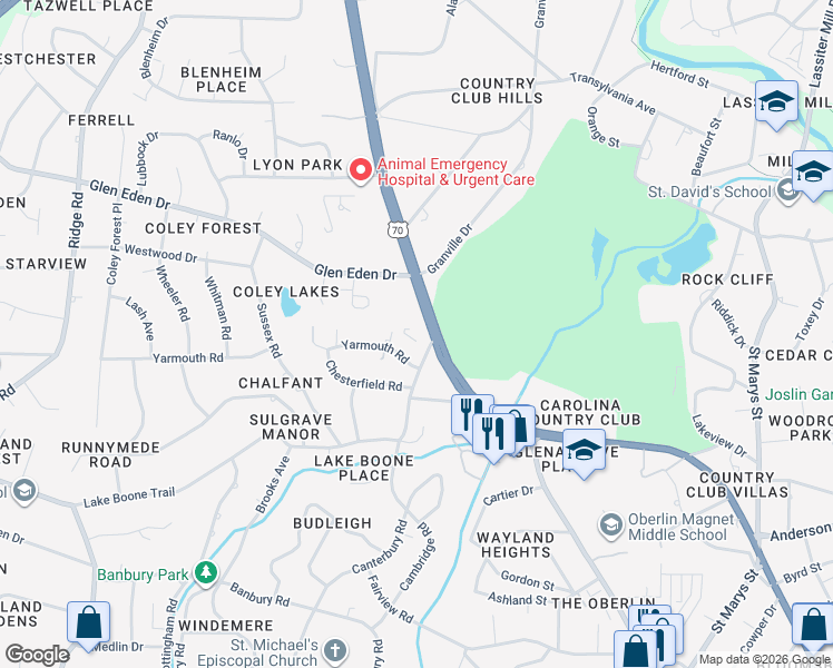 map of restaurants, bars, coffee shops, grocery stores, and more near 100 Edenburgh Road in Raleigh