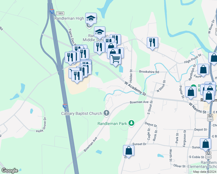 map of restaurants, bars, coffee shops, grocery stores, and more near 302 Reece Avenue in Randleman