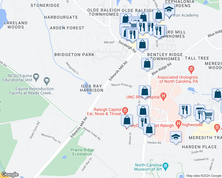 map of restaurants, bars, coffee shops, grocery stores, and more near 4207 Macon Pond Road in Raleigh