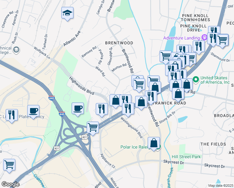 map of restaurants, bars, coffee shops, grocery stores, and more near 3101 Ward Road in Raleigh