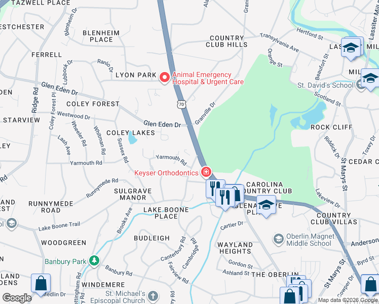 map of restaurants, bars, coffee shops, grocery stores, and more near 100 Edenburgh Road in Raleigh