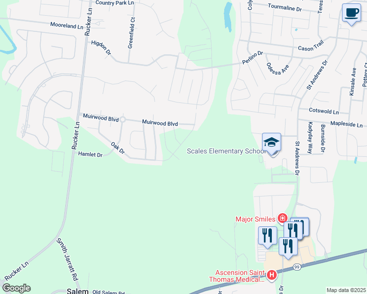 map of restaurants, bars, coffee shops, grocery stores, and more near 1929 Oak Drive in Murfreesboro