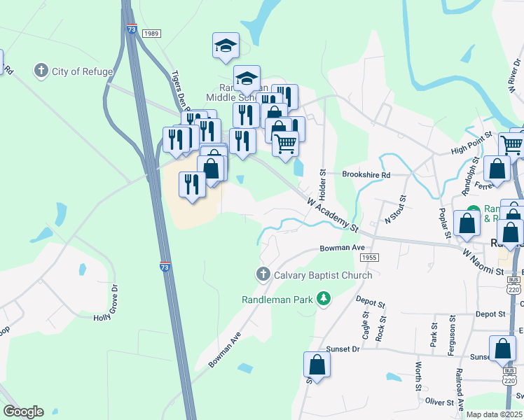 map of restaurants, bars, coffee shops, grocery stores, and more near 306 Reece Avenue in Randleman