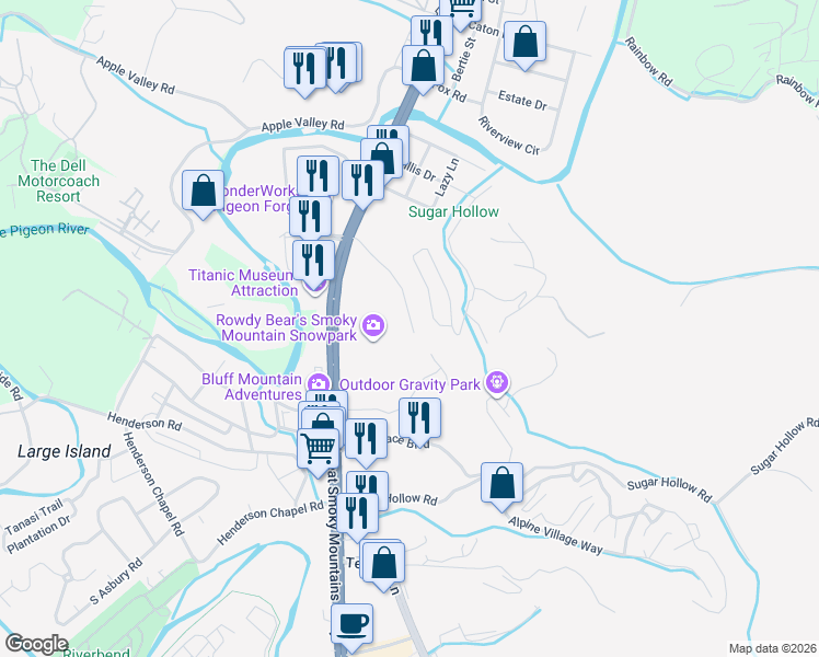 map of restaurants, bars, coffee shops, grocery stores, and more near 252 Pinoak View Drive in Pigeon Forge
