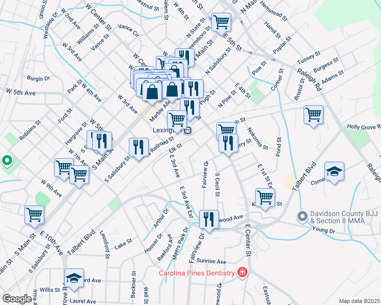map of restaurants, bars, coffee shops, grocery stores, and more near 130 South Church Street in Lexington