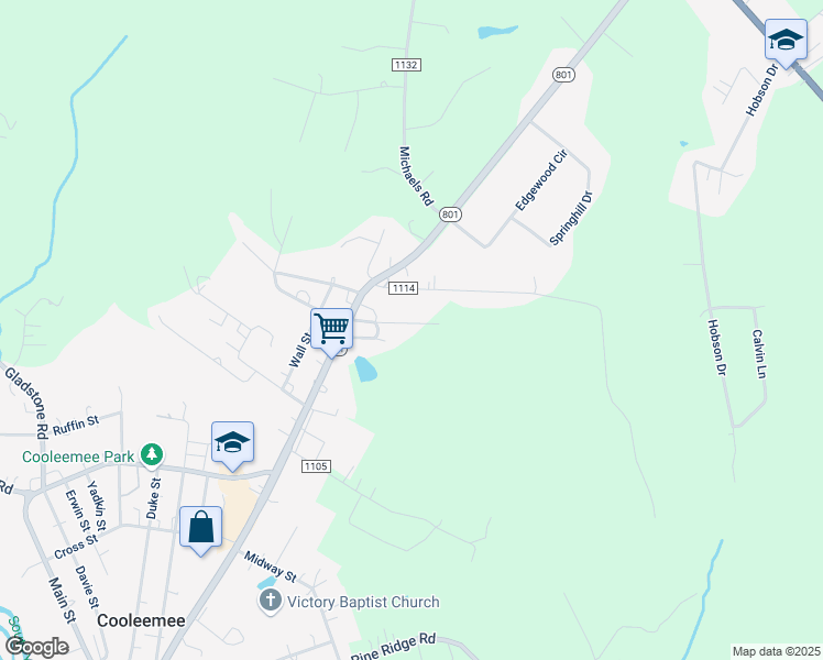 map of restaurants, bars, coffee shops, grocery stores, and more near 130 Honeysuckle Lane in Mocksville