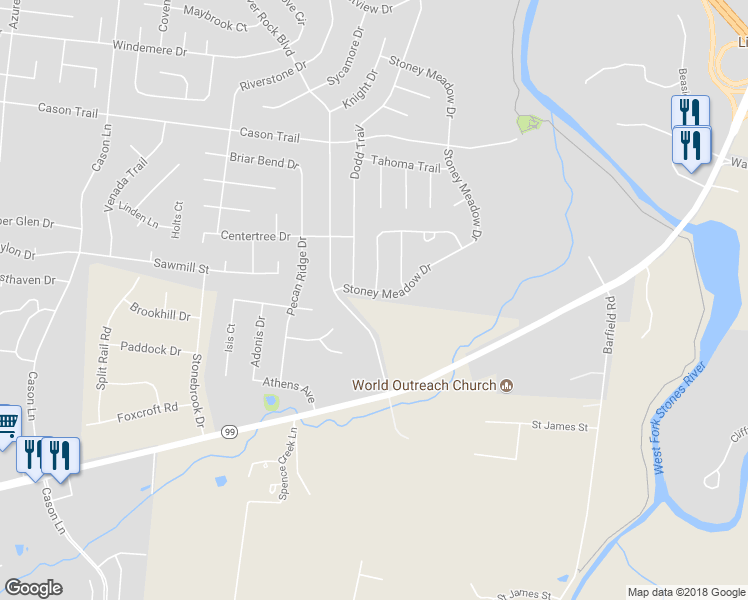 map of restaurants, bars, coffee shops, grocery stores, and more near 2135 Stoney Meadow Drive in Murfreesboro