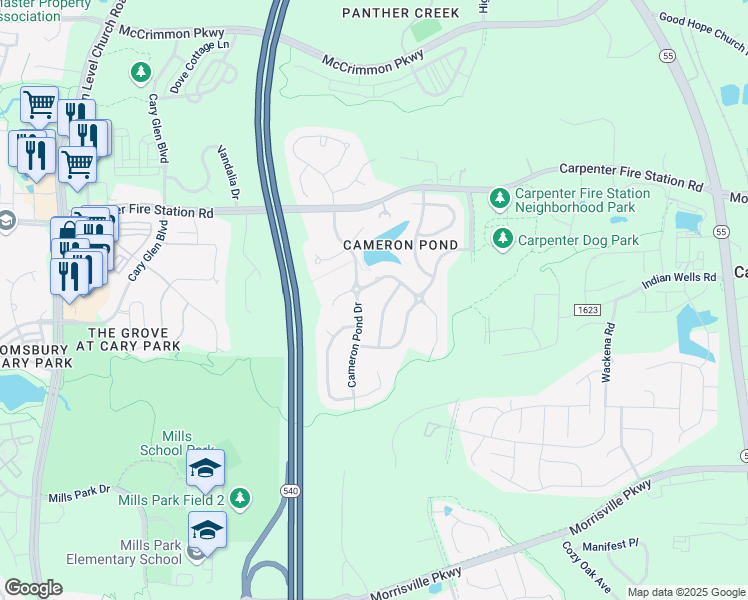 map of restaurants, bars, coffee shops, grocery stores, and more near 308 Brodie Lloyd Court in Cary