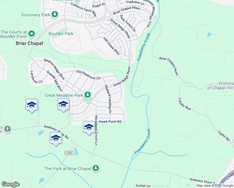 map of restaurants, bars, coffee shops, grocery stores, and more near 45 Monarch Trail in Chapel Hill
