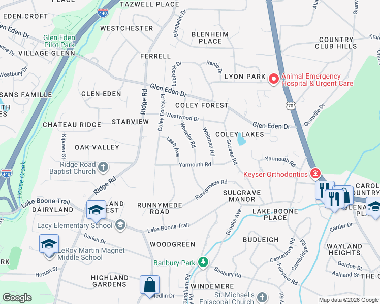 map of restaurants, bars, coffee shops, grocery stores, and more near 2215 Wheeler Road in Raleigh