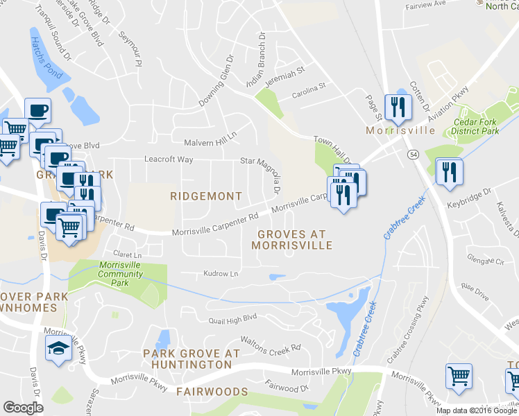 map of restaurants, bars, coffee shops, grocery stores, and more near 105 Star Magnolia Drive in Morrisville