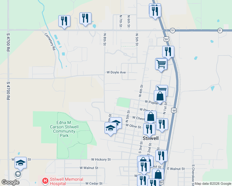 map of restaurants, bars, coffee shops, grocery stores, and more near 602 West Johnson Street in Stilwell