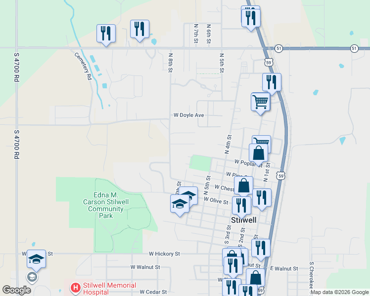 map of restaurants, bars, coffee shops, grocery stores, and more near 602 West Johnson Street in Stilwell