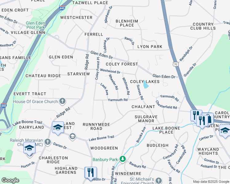 map of restaurants, bars, coffee shops, grocery stores, and more near 2211 Wheeler Road in Raleigh