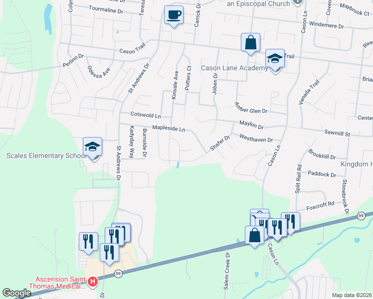 map of restaurants, bars, coffee shops, grocery stores, and more near 2027 Sainfoin Way in Murfreesboro