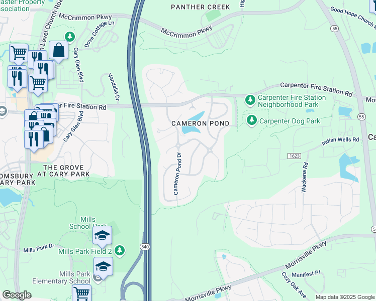 map of restaurants, bars, coffee shops, grocery stores, and more near 308 Brodie Lloyd Court in Cary