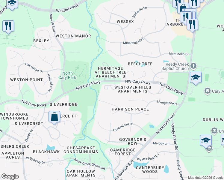map of restaurants, bars, coffee shops, grocery stores, and more near 1700 Zumbach Way in Cary