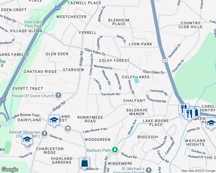 map of restaurants, bars, coffee shops, grocery stores, and more near 2211 Wheeler Road in Raleigh