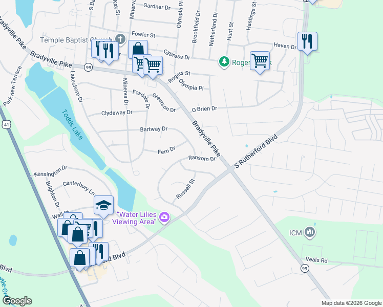 map of restaurants, bars, coffee shops, grocery stores, and more near 2010 Bartway Drive in Murfreesboro