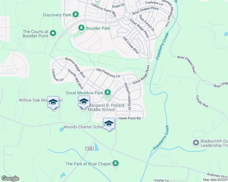 map of restaurants, bars, coffee shops, grocery stores, and more near 2120 Great Ridge Parkway in Chapel Hill