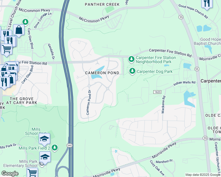 map of restaurants, bars, coffee shops, grocery stores, and more near 404 Parkman Grant Drive in Cary