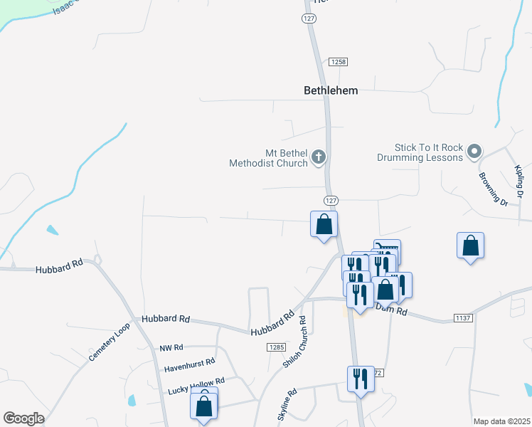 map of restaurants, bars, coffee shops, grocery stores, and more near 256 Blackberry Lane in Township of Taylorsville