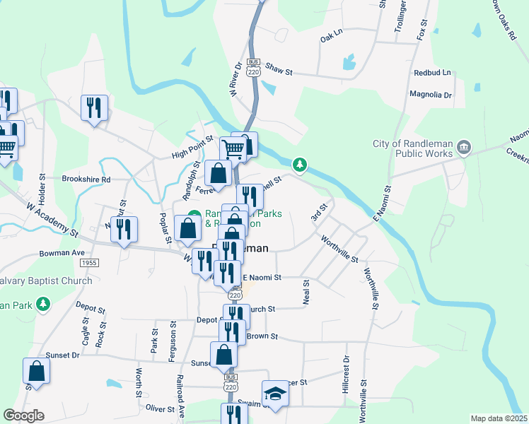 map of restaurants, bars, coffee shops, grocery stores, and more near 228N North Main Street in Randleman
